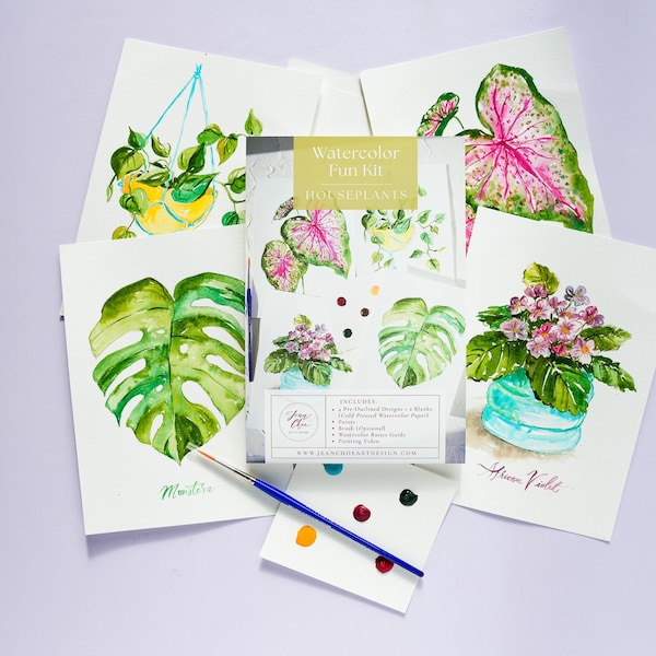 Houseplant Watercolor Kit: Painting Kit for Plant Lovers & Beginners. Coloring Pages for teens kids. Adult Coloring Pages. Art Party Kit.