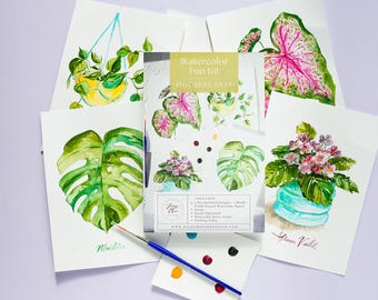 Houseplant Watercolor Kit: Painting Kit for Plant Lovers & Beginners. Coloring Pages for teens kids. Adult Coloring Pages. Art Party Kit.