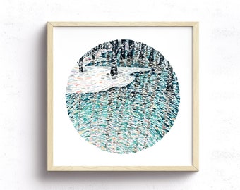 Watercolor Landscape Art Print - Winter Reflections (Landscape, Snow, Ice, Winter Trees, Frozen Lake, Brush Strokes, Impressionism)