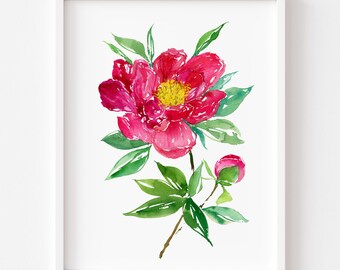 Deep Magenta Peony Watercolor Art Print – Floral Wall Art, Peony Painting, Botanical Print, Flower Wall Decor, Watercolor Peony Poster Art