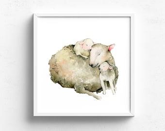 Watercolor Art Giclee Print -Snuggle Time (watercolor, mommy and me, sheep, baby sheep, lamb)
