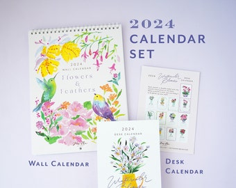 2024 Calendar Set. Wall & Desk Calendars. Watercolor Art. 2024 Floral Calendar. Botanical Art Calendar. Bird Art. Gift for Her. Home Decor