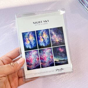 Lot de 6 cartes de voeux aquarelle ciel nocturne. Carte galaxie nuit étoilée pour toutes les occasions. Carte de remerciement, d'anniversaire et d'encouragement.