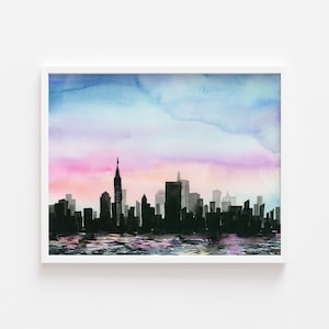 Watercolor Giclee Art Print City Above Water City skyline, Sunset, Cityscape, NYC, New York City image 1