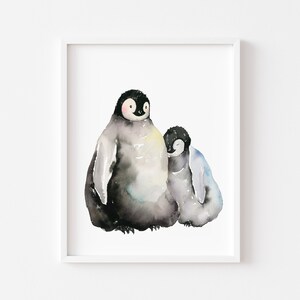 Impression d&#39;art aquarelle bébé manchots empereurs : art de la pépinière de la faune arctique « bons amis », oeuvre d&#39;art sur la liaison entre frères et sœurs, décoration murale pingouin pour chambre d&#39;enfant