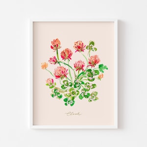 Clover Watercolor Art Print. Four Leaf Clover Art. Clover Print. Wildflower Art Print. Shamrock. Flower Art. Floral Wall Decor Botanical Art