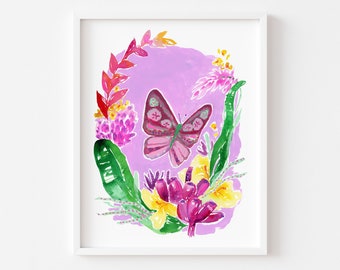 Purple Butterfly Art Print. Tropical Plant Art. Purple Flower Art. Butterfly Wall Art. Butterfly Art. Botanical Print. Butterfly Wall Art.