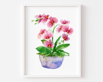 Potted Orchid Art Print. Watercolor Floral Art. Orchid Wall Art. Orchid Print. Floral Wall Art. Orchid Painting. Botanical Print. Wall Decor