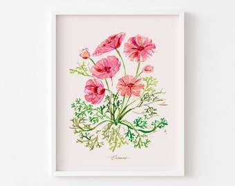 Cosmos Watercolor Art Print. Wildflower Art. Botanical Wall Decor. Cosmos Flower Art. Cosmos Print. Gift for Flower Lover. Floral Wall Art.