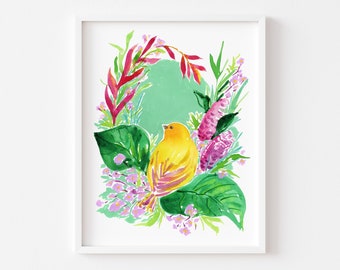 Saffron Finch Art Print. Floral Bird Art. Bird Print. Tropical Bird Illustration. Bird Watcher Gift. Flower Themed Art. Botanical Bird Art