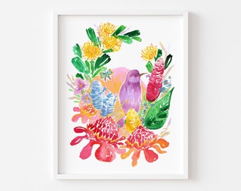 Red Torch Ginger Art Print. Tropical Flower Art. Bird Art. Bird Lover Gift. Botanical Art. Colorful Floral Art. Purple Bird. Floral Wall Art