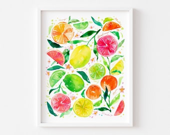 May include: Watercolor painting of a variety of citrus fruits, including oranges, grapefruits, lemons, and limes. The fruits are arranged in a cluster, with green leaves and pink flowers. The painting is on a white background.
