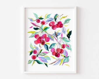 Cherry Art Print. Vibrant Kitchen Art. Cherry Wall Decor. Cherry Print. Coquette Room Decor. Kitchen Poster. Fruit Painting. Fruit Wall Art.