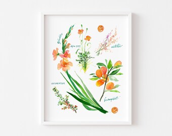 Watercolor Art Giclee Print - Botanical Rainbow series in Orange