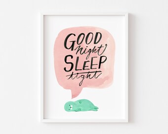 Hand Lettered Watercolor Art Giclee Print - Sleepy Seal