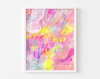 Colorful abstract art print. Bright colorful wall art pair. Follow the Flowers 1, Spring art. Abstract floral painting. Living room decor.