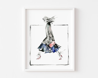 Swift Walk Watercolor Fashion Illustration Art Print, Chic Wall Art of Stylish Woman, Trendy Decor for Fashion Lovers, Fashion Wall Decor