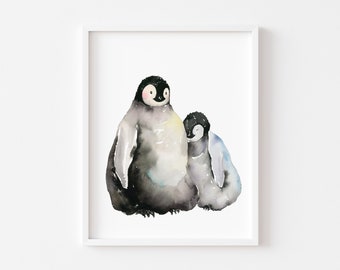 Baby Emperor Penguins Watercolor Art Print: "Good Friends" Arctic Wildlife Nursery Art, Sibling Bond Artwork, Kids Room Penguin Wall Decor