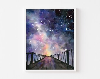 Watercolor Galaxy Print: "Into the Night II" Starry Sky Bridge Art, Inspirational Wall Decor, Uplifting Giclée Painting for Home or Office