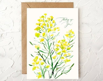 Thinking Of You Greeting Card. Wild Mustard Watercolor Art. Watercolor Floral Art. Floral Art Card. Floral Greeting Card. Sympathy Card.