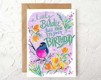 Birdie Birthday Card. A2 Gift Card. Birthday Card. Gift Card. Botanical Art. California Poppies. Bird Art. Greeting Card. Cute and Whimsical