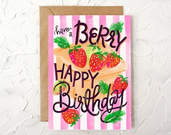 Berry Birthday Card. Happy Birthday Card. Strawberry art. Birthday Greeting Card. Cute Birthday Card. Card Set. A2 Card. Happy Birthday Art