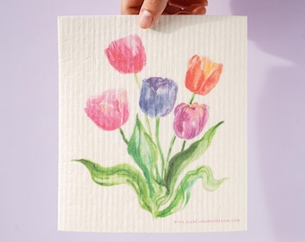 Tulip Swedish Dishcloth: Washable & Reusable Kitchen Cloth for Spring Floral Kitchen Decor