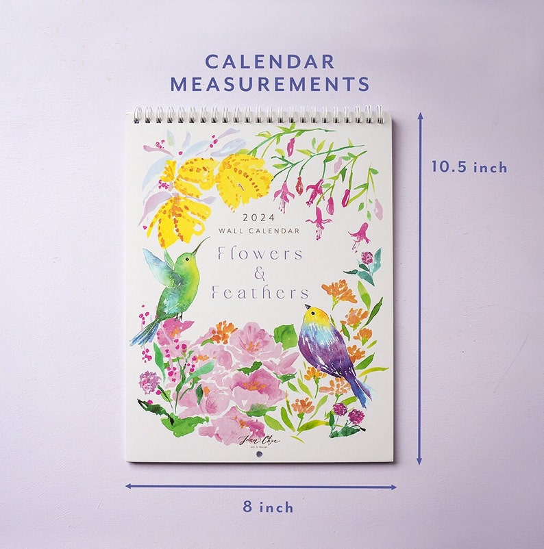 2024 Flowers & Feathers Wall Calendar. Wall calendar. Bird calendar. Flora Fauna. Flower art. Floral calendar. Gift for her. Art calendar image 3