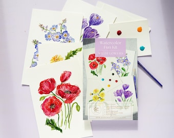 Wildflowers Watercolor Kit for Beginners. Watercolor Pages for Adults. Learn to Paint Kit for Kids. Art Party Kit.