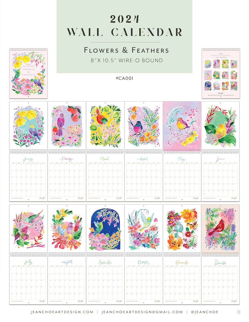 2024 Flowers & Feathers Wall Calendar. Wall calendar. Bird calendar. Flora Fauna. Flower art. Floral calendar. Gift for her. Art calendar image 9