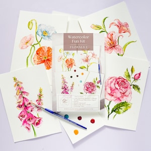 Floral Watercolor Painting Kit 1: Watercolor Pages for Adults Flowers. Paint Kit for Kids. Art Party Paint and Sip. Watercolor Coloring Page