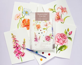 Floral Watercolor Painting Kit 1: Watercolor Pages for Adults Flowers. Paint Kit for Kids. Art Party. Watercolor Coloring Page, Gift for mom