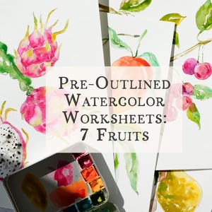 7 Fruits Watercolor Pages. Outlined Coloring Sheets of Fruits. Watercoloring Pages from Workbook. Outlined Painting Pages for Watercolor.
