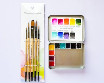 Watercolor Kit with Artist Grade Paint & 5 Brushes. Watercolor Paint Set for Beginners. Starter Kit