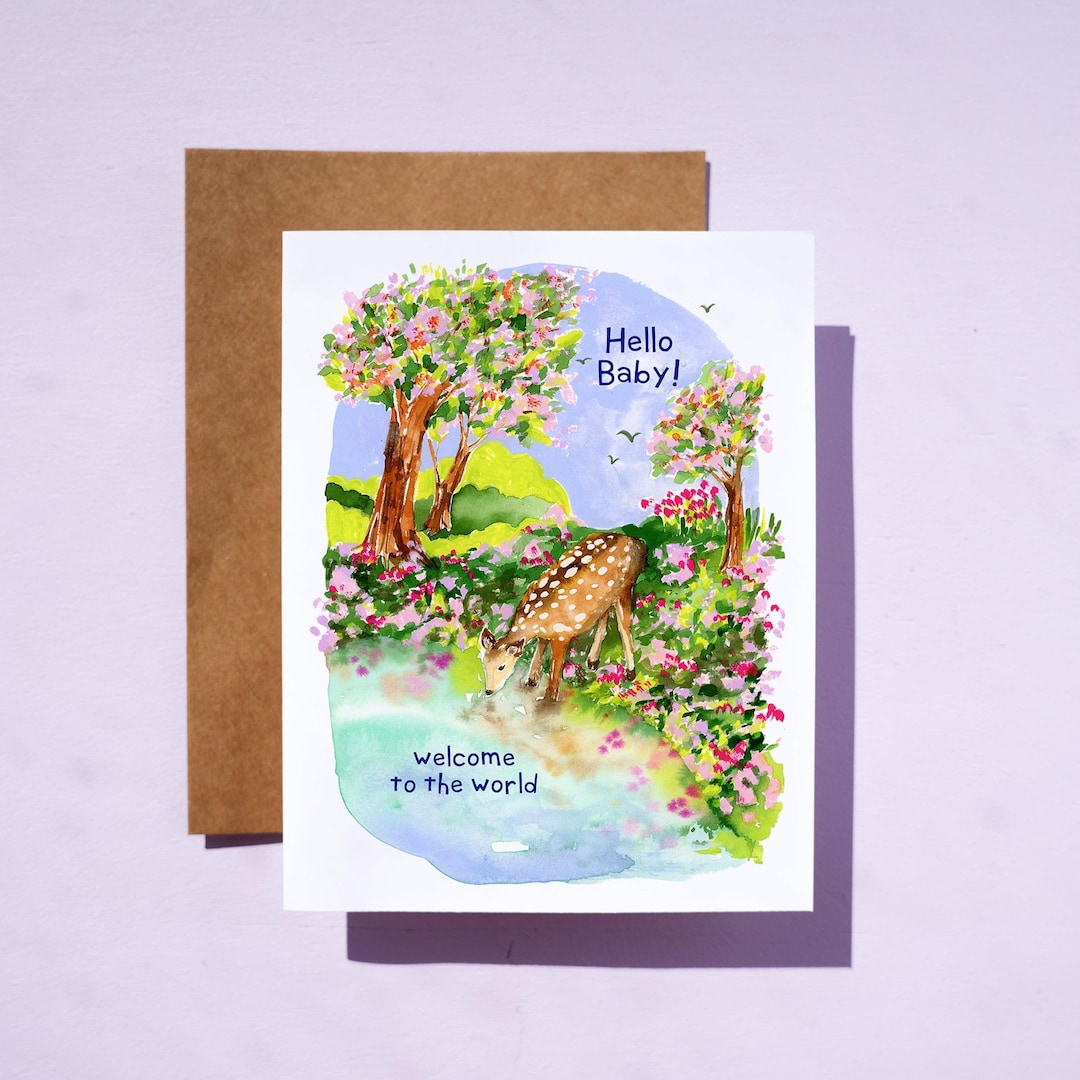 New Baby Deer in Meadow Card – Watercolor Woodland Baby Animal Card ...