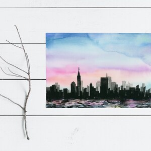 Watercolor Giclee Art Print City Above Water City skyline, Sunset, Cityscape, NYC, New York City image 8