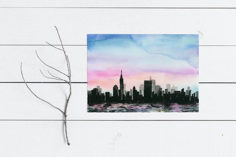 Watercolor Giclee Art Print City Above Water City skyline, Sunset, Cityscape, NYC, New York City image 8