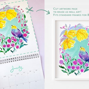 2024 Flowers & Feathers Wall Calendar. Wall calendar. Bird calendar. Flora Fauna. Flower art. Floral calendar. Gift for her. Art calendar image 4