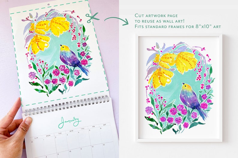 2024 Flowers & Feathers Wall Calendar. Wall calendar. Bird calendar. Flora Fauna. Flower art. Floral calendar. Gift for her. Art calendar image 4