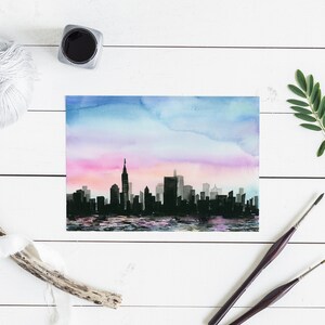 Watercolor Giclee Art Print City Above Water City skyline, Sunset, Cityscape, NYC, New York City image 4