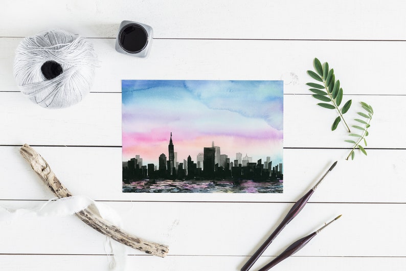 Watercolor Giclee Art Print City Above Water City skyline, Sunset, Cityscape, NYC, New York City image 4