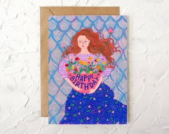 Girl With a Flower Basket Birthday Card