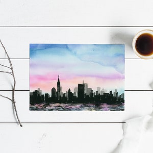 Watercolor Giclee Art Print City Above Water City skyline, Sunset, Cityscape, NYC, New York City image 6