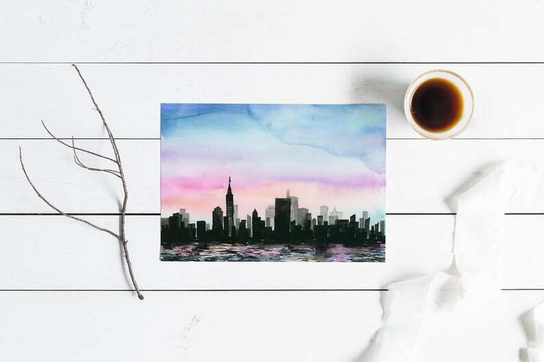 Watercolor Giclee Art Print City Above Water City skyline, Sunset, Cityscape, NYC, New York City image 6