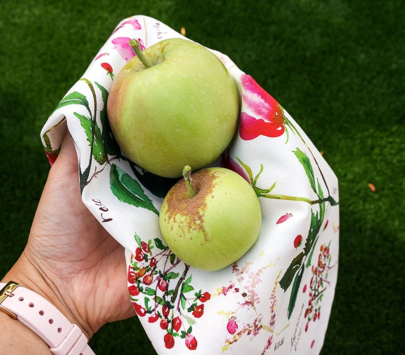 May include: Two green apples with brown spots on a white fabric with a floral pattern. The fabric has pink, red, and green flowers.