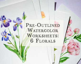 Individual Floral Watercoloring Pages. Outlined Coloring Sheets of Flowers. Learn To Paint Flowers. How To Watercolor Worksheet. Art Gift.