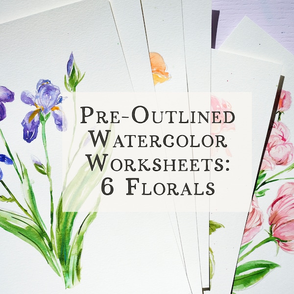 Individual Floral Watercoloring Pages. Outlined Coloring Sheets of Flowers. Learn To Paint Flowers. How To Watercolor Worksheet. Art Gift.