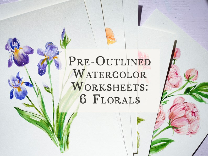 Individual Floral Watercoloring Pages. Outlined Coloring Sheets of Flowers. Learn To Paint Flowers. How To Watercolor Worksheet. Art Gift. image 1