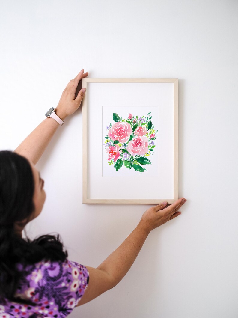 Pink Rose Bouquet Art Print – Watercolor Floral Wall Art, Rose Painting ...