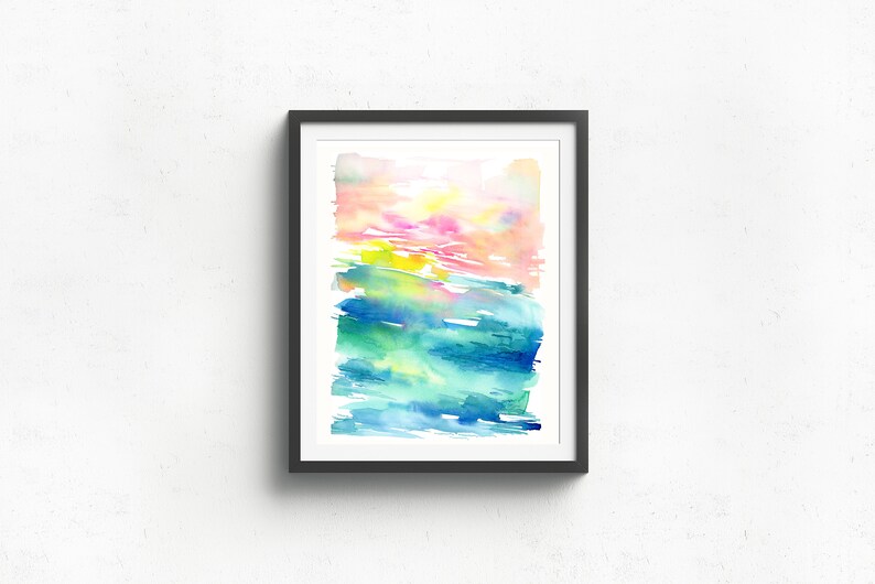 K&ouml;nnte beinhalten: Abstraktes Aquarellbild in einem schwarzen Rahmen. Das Bild zeigt einen farbigen Verlauf von Rosa, Gelb, Gr&uuml;n und Blau.